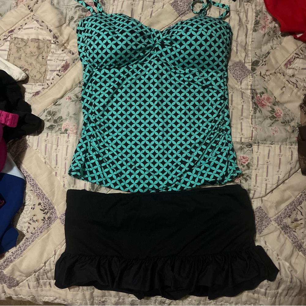 Teal and Black Geometric Swimsuit Set